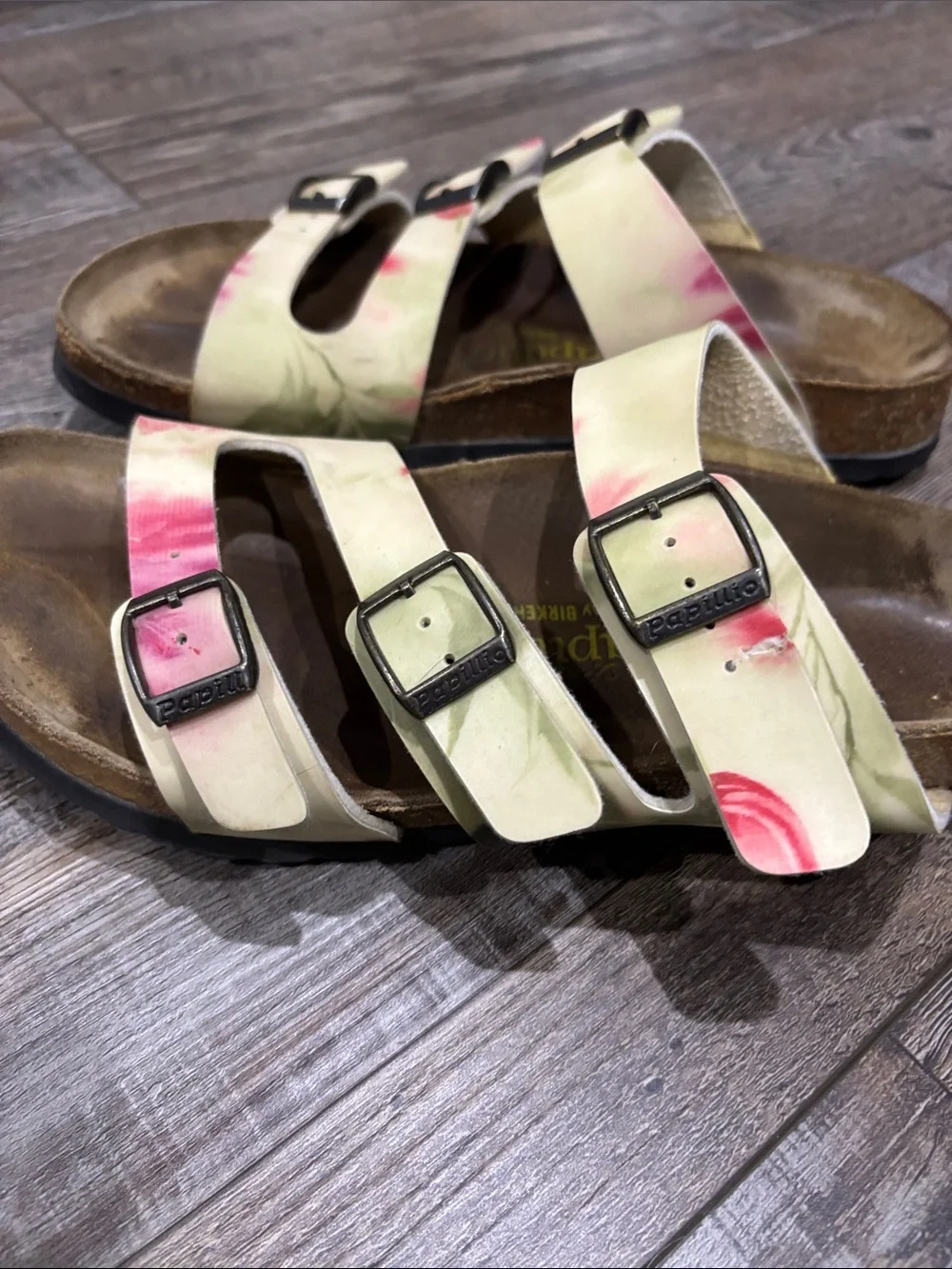 Birkenstock Women’s Triple-Strap Floral Sandals in Yellow and Pink